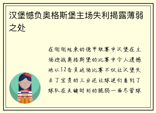 汉堡憾负奥格斯堡主场失利揭露薄弱之处
